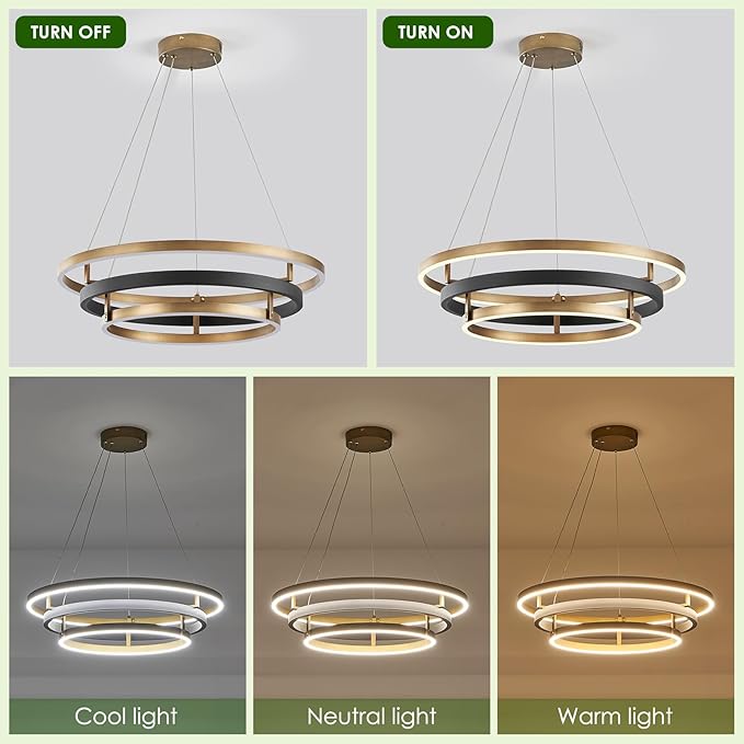 Benkut Modern LED Chandelier Black Gold Dimmable 3 Ring Pendant Light for Dining Room, Kitchen Chandelier Circular with Remote Control Flush Mount High Ceiling Light for Living Room, 3000K-6500K
