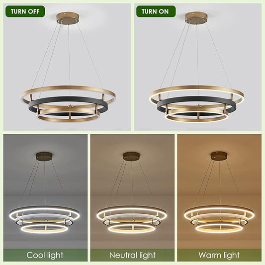 Benkut Modern LED Chandelier Black Gold Dimmable 3 Ring Pendant Light for Dining Room, Kitchen Chandelier Circular with Remote Control Flush Mount High Ceiling Light for Living Room, 3000K-6500K