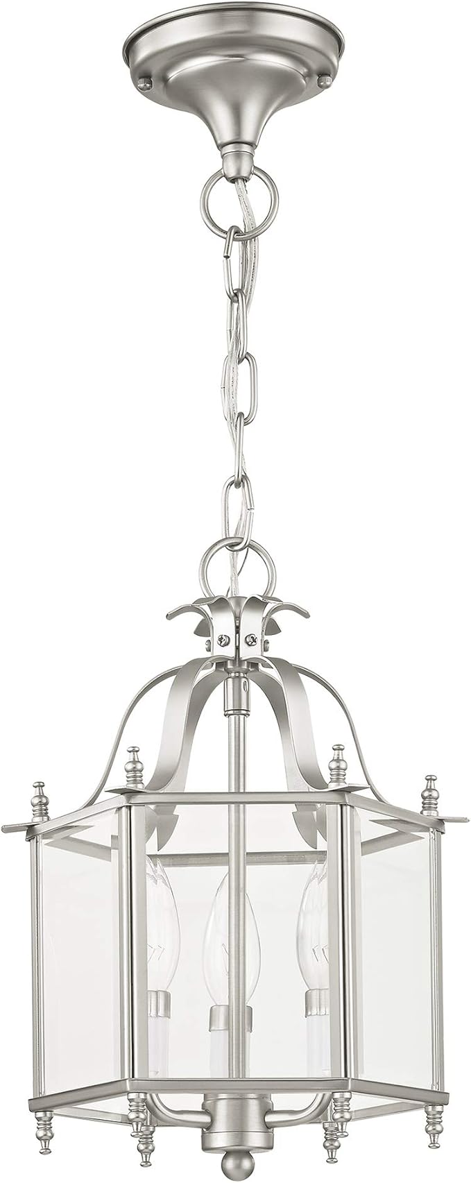 Livex Lighting 4403-91 Home Basics 3 Light Brushed Nickel Hanging Lantern or Flush Mount Chandelier with Clear Beveled Glass