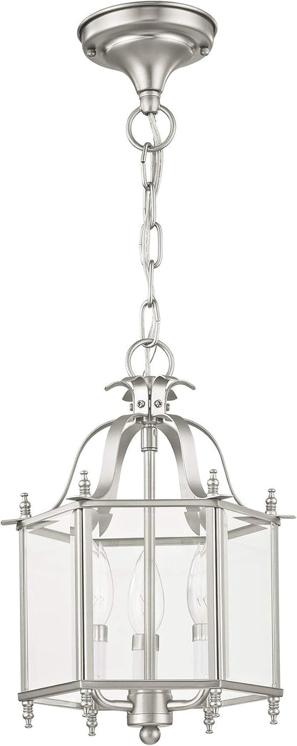 Livex Lighting 4403-91 Home Basics 3 Light Brushed Nickel Hanging Lantern or Flush Mount Chandelier with Clear Beveled Glass