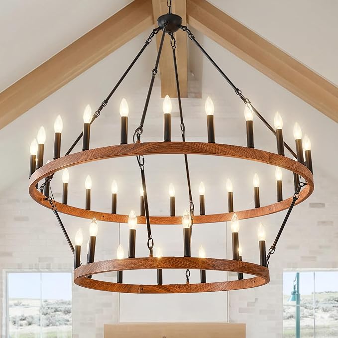 HHR 48" Wood-Grain Surface Double Tier Wagon Wheel Chandelier, 36-Light Round Farmhouse Pendant Light Fixture, Rustic Large Chandelier for Dining Room Living Room Office(Not Solid Wood) E12