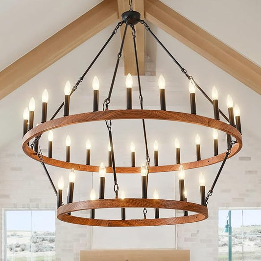 HHR 48" Wood-Grain Surface Double Tier Wagon Wheel Chandelier, 36-Light Round Farmhouse Pendant Light Fixture, Rustic Large Chandelier for Dining Room Living Room Office(Not Solid Wood) E12