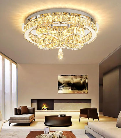 Modern Crystal Chandelier LED 2-Tier Flush Mount Ceiling Lighting Dimmable Pendant Light for Living Room Bedroom Dining Room Entryway Hallway