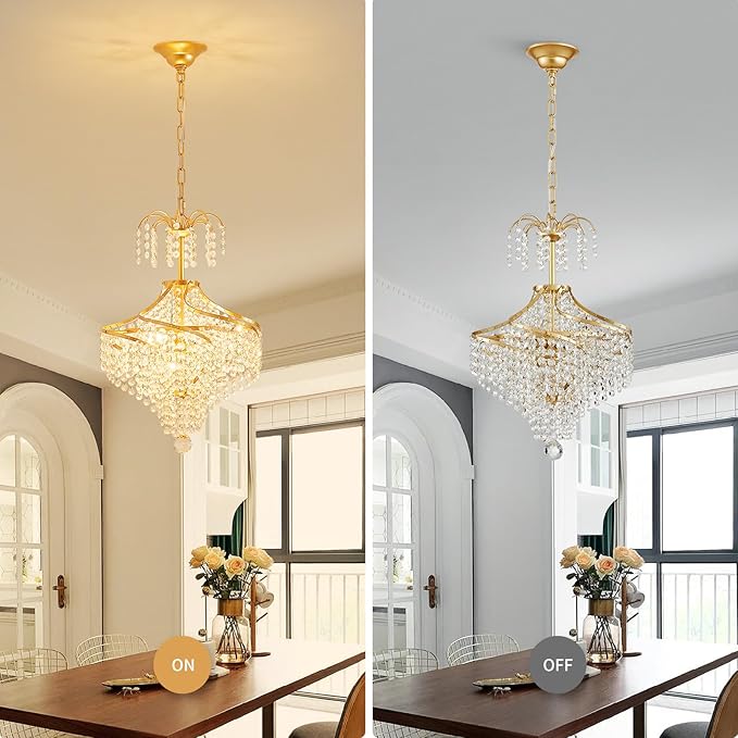 WUZUPS Clear Crystal Chandelier Pendant Flushmount Ceiling Light Modern Lighting Fixture for Bedroom Hallway Bar Kitchen Bathroom, H 20.1" x W 14.7", Gold, G9 Base