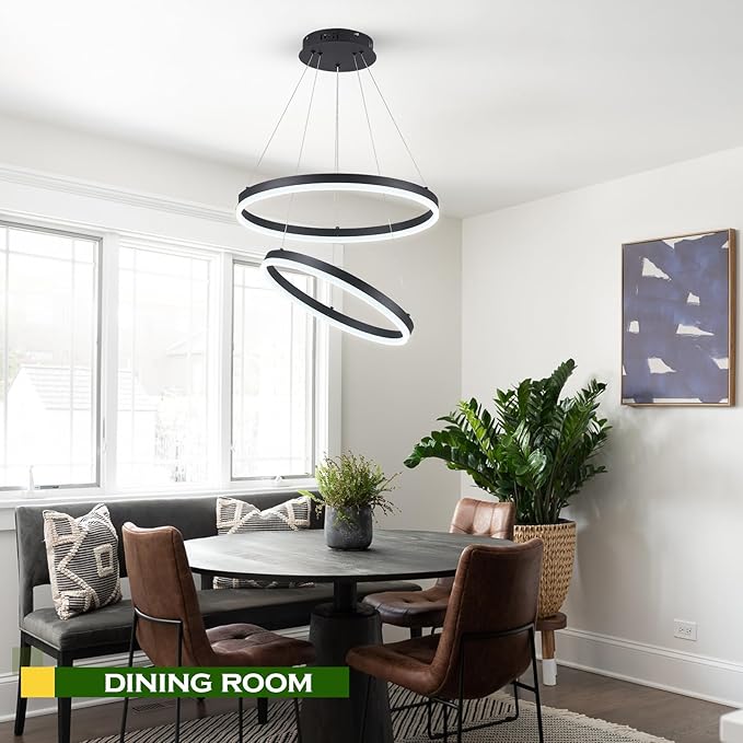 Benkut 2-Rings Modern LED Chandelier Black for Dining Room, Circular Flush Mount Ceiling Chandelier Light Dimmable Pendant Light with Remote Control for Living Room Entrance Foyer, 3000K-6500K