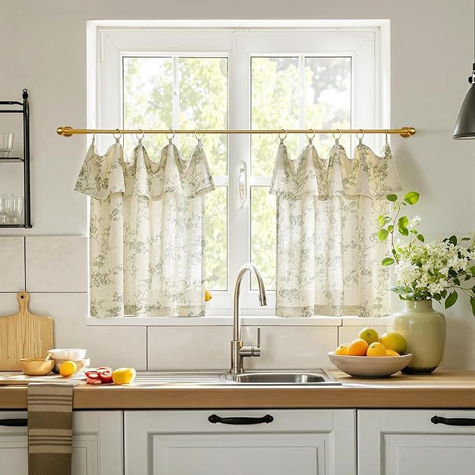 jinchan Floral Linen Kitchen Curtains with Attached Valance 24 Inch Length Farmhouse Cafe Tier Curtains for Living Room Bathroom Rustic Half Window Light Filtering Small Drapes 2 Panels Green