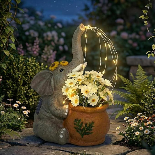 Joint Honglin Solar-Powered Elephant Planter with Lights, Resin Waterproof for Outdoor Garden, Comes with Flowers, Perfect for Night Decor Gift for Yard, Patio (Elephant)