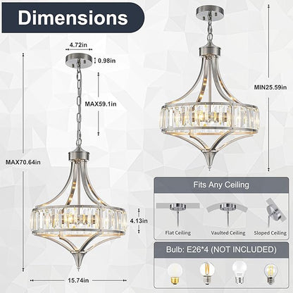 Brushed Nickel Bathroom Chandeliers for Dining Room,15.7" Modern Round Crystal Chandelier Over Tub,4-Light Unique Pendant Light Fixtures for Entryway Foyer Living Room Bedroom Kitchen Island