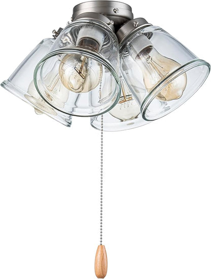 Aspen Creative 22016-1, Four-Light Ceiling Fan Light Kit with Pull Chain, Brushed Nickel Finish with Clear Glass Shades, 13-1/8" Diameter x 6-3/4" Height
