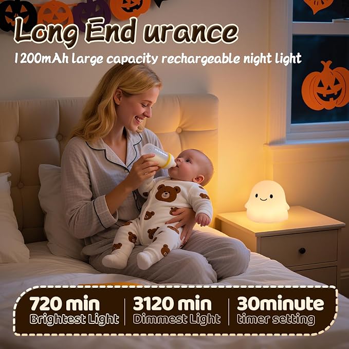 Ghost Night Light Color Changing, Cute Cloud Decor with Colors & 50Hrs, Tap Control Light Up Ghost for Kids, Rechargeable Halloween Gifts, [Mothers Day Gifts]