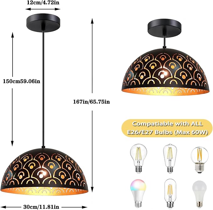 Pendant Lights Kitchen Island Farmhouse Set of 2, Black And Gold Hanging Lamp Retro, Adjustable Height, 11.8 in Hollow Lampshade, E26 Vintage Chandeliers for Dining Room, Bedroom, Hallway, Entryway