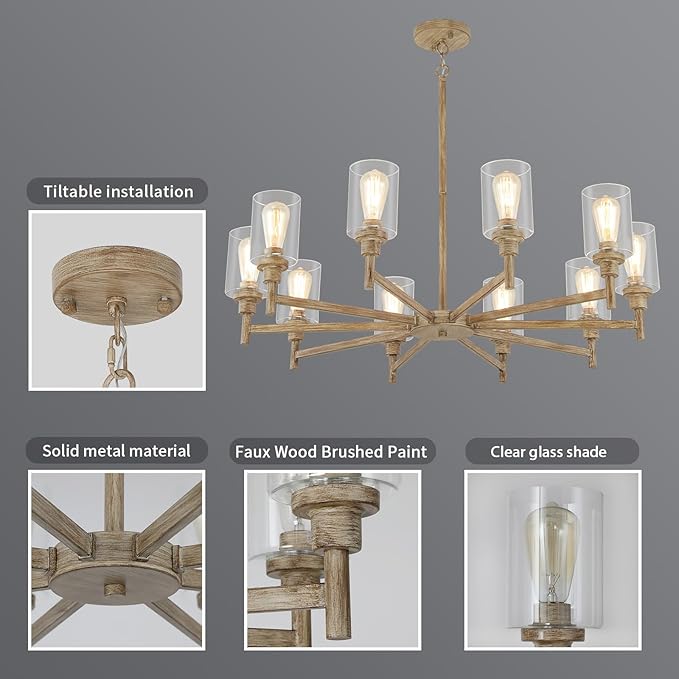 Large Farmhouse Chandelier, 10 Light Rustic Chandeliers for Dining Room Light Fixtures Over Table | Fake Wood Hanging Lighting with Clear Glass Cover for Living Room | Kitchen | Foyer