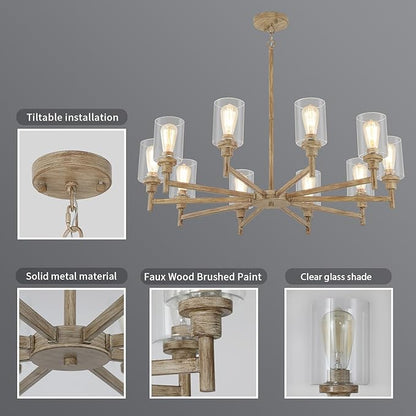 Large Farmhouse Chandelier, 10 Light Rustic Chandeliers for Dining Room Light Fixtures Over Table | Fake Wood Hanging Lighting with Clear Glass Cover for Living Room | Kitchen | Foyer