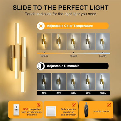 Benkut Modern LED Vanity Lights Set of 2, Gold Wall Sconce with Remote Control Dimmable Indoor Wall Light Bedside Remote Sconce for Bedroom Bathroom Living Dining Room (2 Pack H19.7’’)