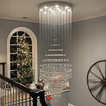 Luxury Large Foyer Chandelier, Modern 12-Lights Round Raindrop Crystal Chandeliers High Ceiling Flush Mount Light Fixtures for Hallway, Entryway, Stairs,Front Entrance D31.5 X H86.7 of CRYSTOP