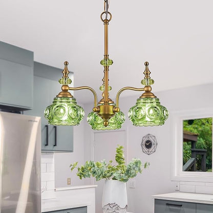 3-Light Green Pendant Lighting Fixtures Vintage Brass Pendant Light for Bedroom Kitchen Island Dining Room Living Room