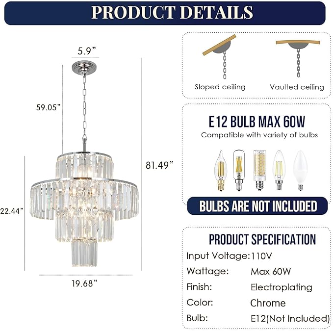 Chrome Crystal Chandelier, 7-Light 4 Tiers 19.68" Crystal Light, Adjustable Hanging Metal Ceiling Lighting Fixture, Modern Foyer Dining Room Chandeliers for Bedroom,Hallway,Kitchen