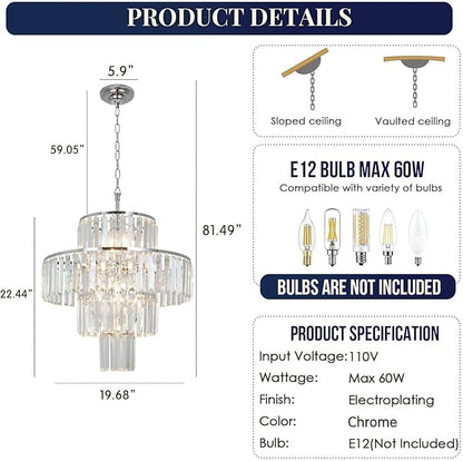 Chrome Crystal Chandelier, 7-Light 4 Tiers 19.68" Crystal Light, Adjustable Hanging Metal Ceiling Lighting Fixture, Modern Foyer Dining Room Chandeliers for Bedroom,Hallway,Kitchen