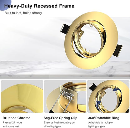 6 Pack Spotlight Fixtures Gu10 Recessed Frame Spotlight, Compatible with MR16 GU5.3 Bulbs, Adjustable Light Fitting for Cabinet Kitchen, Gold