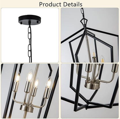 Lanhall 8-Light Lantern Tired Farmhouse Ceiling Hanging Light Black Chandelier Metal Modern Pendant Light Fixtures for Kitchen Island Dining Room Living Room Foyer Entryway-Brushed Nickel