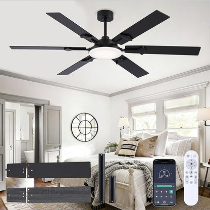 NKPU 66 Inch Large Ceiling Fans with Lights and Remote, Black Modern Indoor/Outdoor Ceiling Fan for Living Room Kitchen Patio, 6 Speed Reversible DC Motor, 3 CCT Lighting, Dual Finish 6 Blades