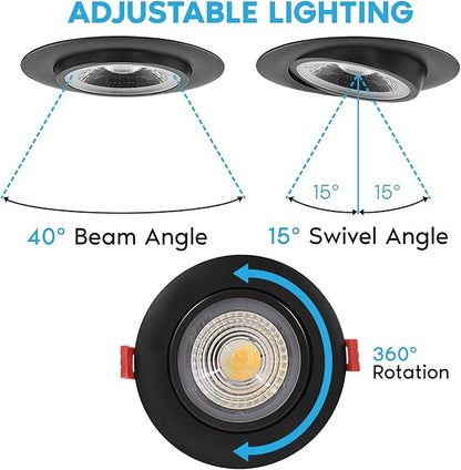 LUXRITE 4 Inch Gimbal LED Recessed Light with Junction Box, 11W=75W, 5CCT Color Selectable 2700K-5000K, Adjustable Swivel LED Eyeball Lights, 1000LM, Dimmable, Damp Rated, ETL Listed, Black