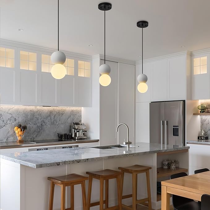 Modern 1-Light Concrete Pendant Light Kitchen Islandceiling Light Fixture White Glass Globe Ball Pendant Lighting for Dining Room Coffee Club Resturant Bar Living Room(3-Pack)