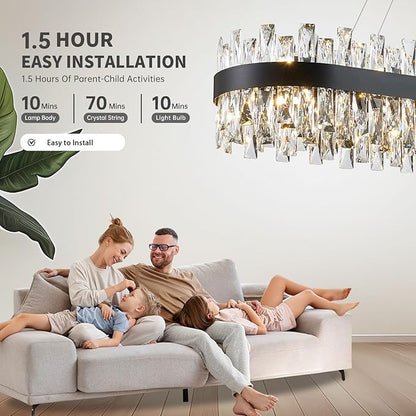 Modern Black Crystal Chandelier for Dining Room, Rectangle K9 Crystal Raindrop Chandelier Lights, Contemporary Ceiling Hanging Light Fixtures for Kitchen Island Dining Room, Length 57 inches