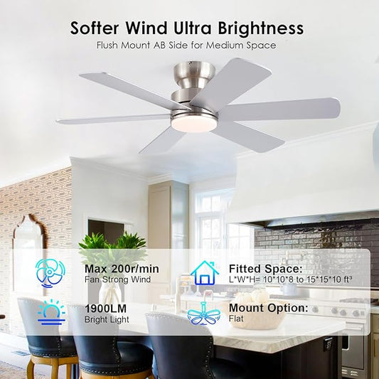 BayDay Ceiling Fans with Lights, Ceiling Fan with Remote APP, Dual-Sided Modern/Rustic, Reversible, 3CCT, Flush Mount Low Profile Ceiling Fan with Lights Bedroom Kitchen Indoor (Nickel, 46 inch)