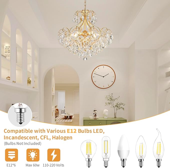 Crystal Candle Chandelier Pendant Flushmount Ceiling Light Modern Lighting Fixture for Bedroom Hallway Bar Kitchen Bathroom, H 16.9" x W 22.8", Gold, E12 Base