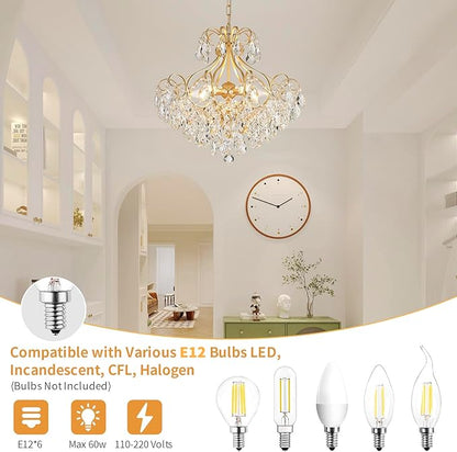 Crystal Candle Chandelier Pendant Flushmount Ceiling Light Modern Lighting Fixture for Bedroom Hallway Bar Kitchen Bathroom, H 16.9" x W 22.8", Gold, E12 Base