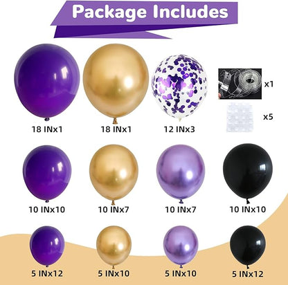 HILAVO Purple Black and Gold Balloon Arch Kit Graduation Balloon Garland Dark Purple and Gold Metallic Black Confetti Balloons for Retirement Wednesday Birthday Baby Shower Engagement Party Decoration