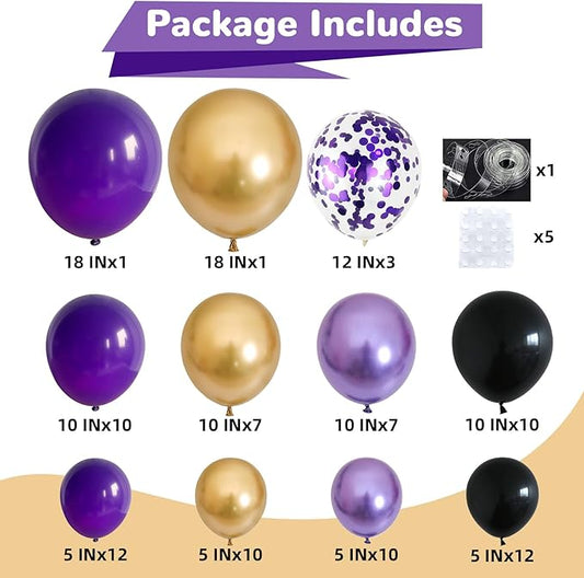 HILAVO Purple Black and Gold Balloon Arch Kit Graduation Balloon Garland Dark Purple and Gold Metallic Black Confetti Balloons for Retirement Wednesday Birthday Baby Shower Engagement Party Decoration