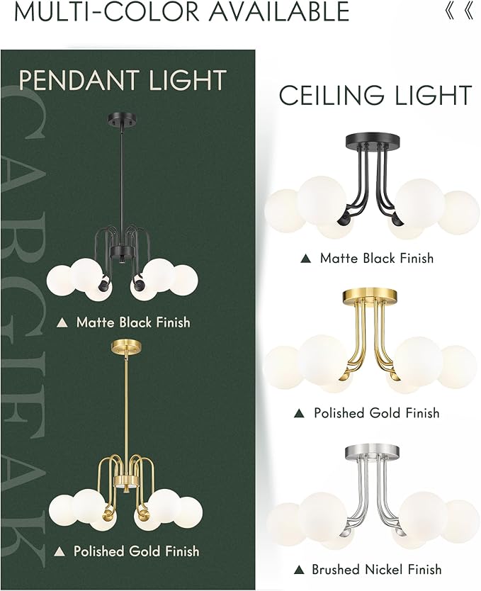 Gold Chandelier with Frosted Glass Globe, 6-Light Modern Pendant Light for Kitchen, Bedroom, Hallway, Living Room,CKPL4845-6P-PG