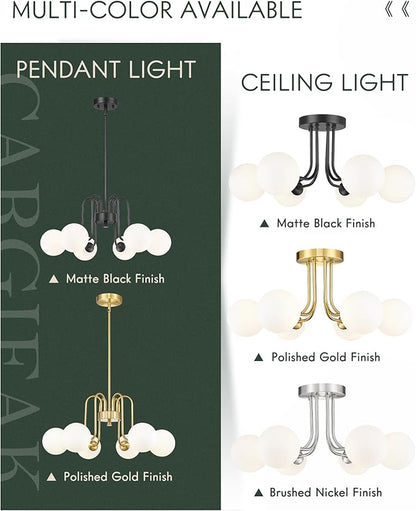 Gold Chandelier with Frosted Glass Globe, 6-Light Modern Pendant Light for Kitchen, Bedroom, Hallway, Living Room,CKPL4845-6P-PG
