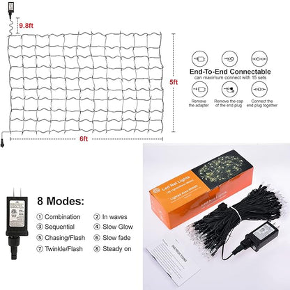 Neoclassy 120Led Christmas Net Lights Outdoor 5ft x 6ft Connectable, 8 Modes Waterproof Black Wire 29V Plug in Mesh Net Christmas Lights for Garden, Yard, Bushes, Trunk, Xmas Tree Decor (Warm White)