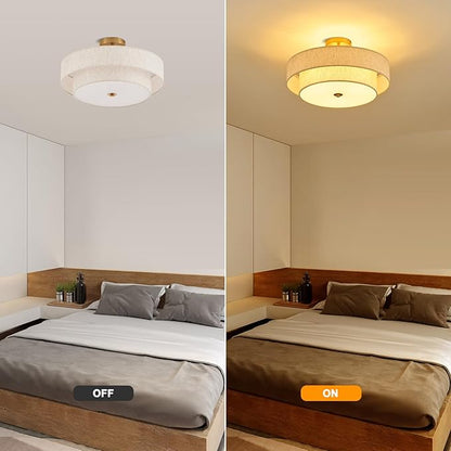 Modern Semi Flush Mount Ceiling Light 18" Modern Gold 3-Lights Drum Ceiling Lighting Fixture Vintage Linen Golden Ceiling Lamp for Laundry Room, Kitchen, Basement, Dining Room, Bedroom