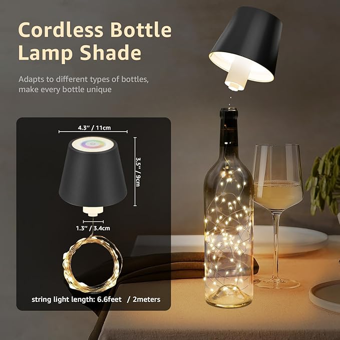 uuffoo 2 Pack Wine Bottle Lamps Wireless 8 Colors, 4000mAh Rechargeable Bottle Lights Cordless with Touch Dimming, Lamp Kit for Whiskey Liquor Bottles for Party Restaurant Home Bar Decor (2PCS Black)