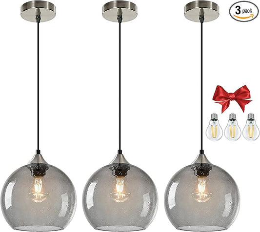Large Light Grey Glass Pendant Light for Kitchen Island, Includes 3 Bulbs & 4.92FT Adjustable Cord, Modern Pendant Lighting Fixtures for Kitchen, Dining Room, Living Room(9.1in)