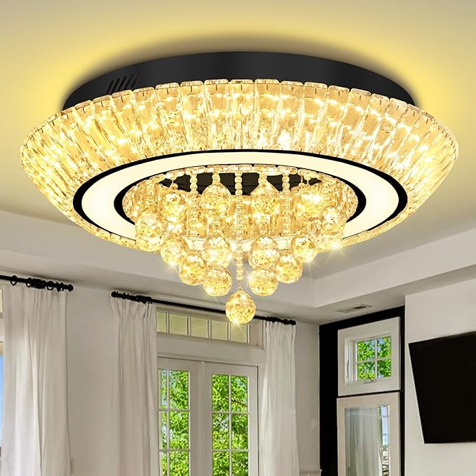 Glam Crystal Chandeliers, Modern Led Luxury Chandelier,24in Black Flush Mount Chandelier Ceiling Light, Raindrop Chandeliers for Dining Room, Living Room, Bedroom