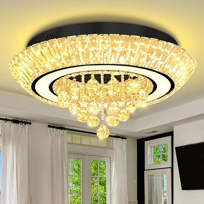 Glam Crystal Chandeliers, Modern Led Luxury Chandelier,24in Black Flush Mount Chandelier Ceiling Light, Raindrop Chandeliers for Dining Room, Living Room, Bedroom