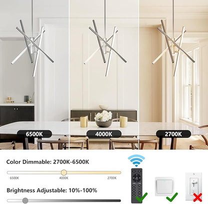 Modern Silver Chandelier Light Fixtures: LED 4-Light Sputnik Dining Room Chandeliers Silvery Linear Pendant Lights Fixture Over Table Dimmable with Remote for Kitchen Island Living Room
