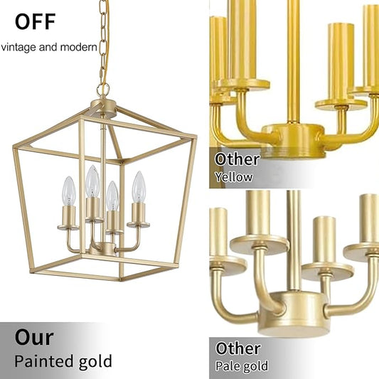 Industrial 4 Lights Chandelier, Gold Lantern Ceiling Light Fixtures with Rustic Metal Cage Adjustable Height Farmhouse Geometric Hanging Light for Kitchen Island, Dining Room, Entryway, UL Listed