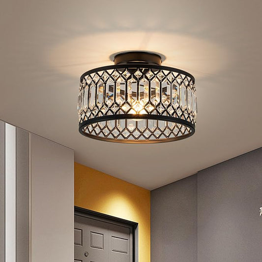 Rpzloila Crystal Ceiling Light Fixture, Modern Flush Mount Ceiling Light, Black Crystal Chandelier for Kitchen Bedroom Bathroom Entryway Hallway