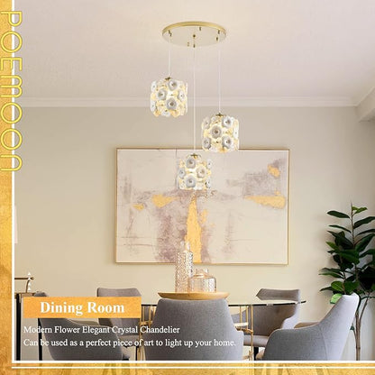 3-Lights Flower Glass Chandelier Modern Gold Cluster Pendant Light Fixture Adjustable Elegant Pendant Lighting for Dinning Room Bedroom Kitchen Island Hallway Entryway