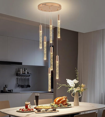 Modern High Ceiling Crystal Chandelier 7-Lights, Spiral LED Raindrop Foyer Pendant Lighting, Bubble Staircase Living Room Hanging Light Fixture Flush Mount Gold