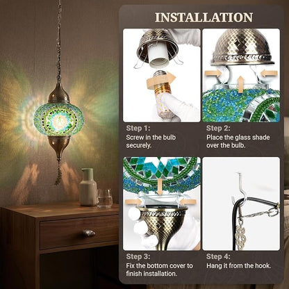 Turkish Moroccan Mosaic Pendant Light - Handcrafted Tiffany Style Swag Lamp with 15ft Cord, Vintage Glass Ceiling Fixture for Mediterranean Decor (Green1)