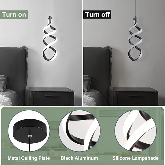 EIDISUNY 3 Pack Pendant Light Fixture, 15W Black Spiral Led Chandelier Hanging Lamp, 3000K-6000K, Dimmable Pendant Lamp, Adjustable Height Pendant Light for Kitchen Island Dining Room Bedroom Cafe