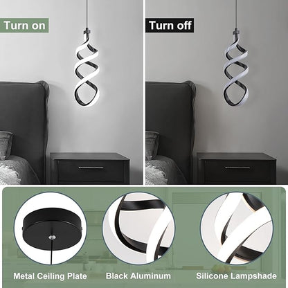 EIDISUNY Modern Led Pendant Light Fixture, 15W Black Spiral Led Chandelier Hanging Lamp, 3000K-6000K, Dimmable Pendant Lamp, Adjustable Height Pendant Light for Kitchen Island Dining Room Bedroom Cafe
