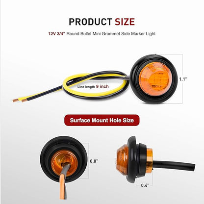 Nilight TL-03 10 PCS 3/4” Round Clearance LED Front Rear Side Indicator Bullet Marker Light for Truck RV Car Bus Trailer Van Caravan Boat (12V, Amber)